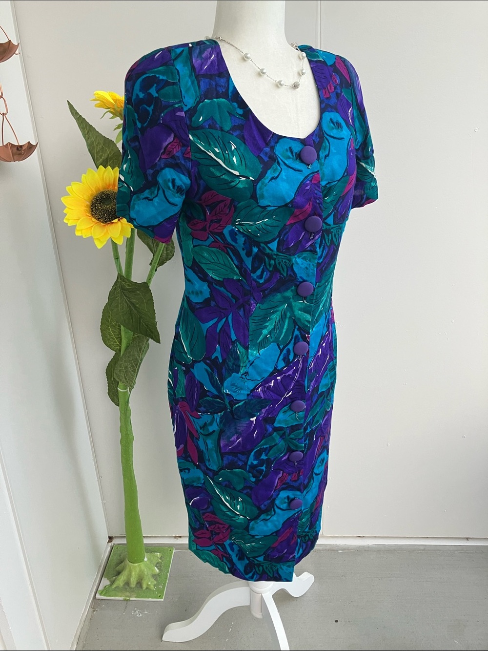 Vintage 80s Blue, Purple, & Green Botanical Print Button Up Sheath Dress